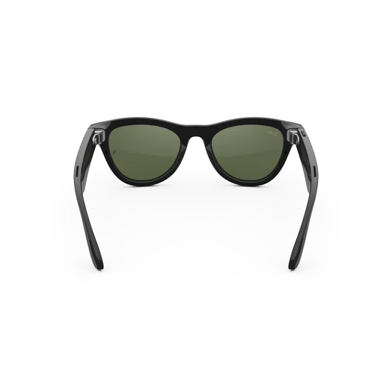 Rear view of Rayban Meta glasses with Shiny Black frames with Green sun lenses.