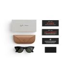 Items included with purchase of Rayban Meta glasses – Rayban Meta charging case, Rayban Meta AI glasses and getting started guide.