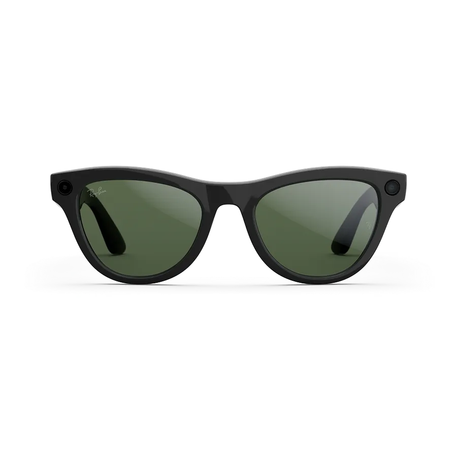 Front view of Rayban Meta glasses with Shiny Black frames with Clear to Graphite Green Transitions® lenses.