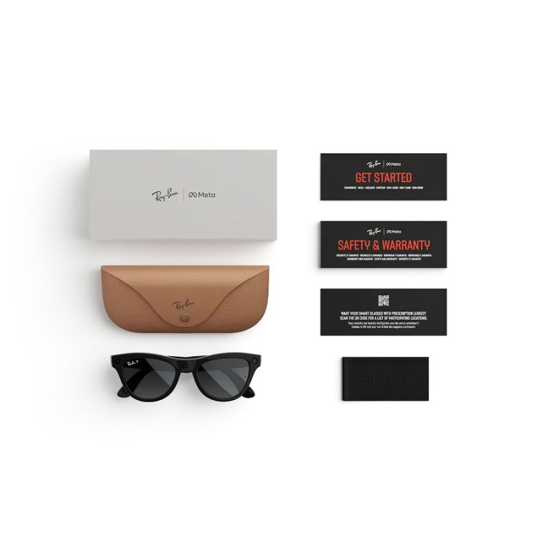 Items included with purchase of Rayban Meta glasses – Rayban Meta charging case, Rayban Meta AI glasses and getting started guide.