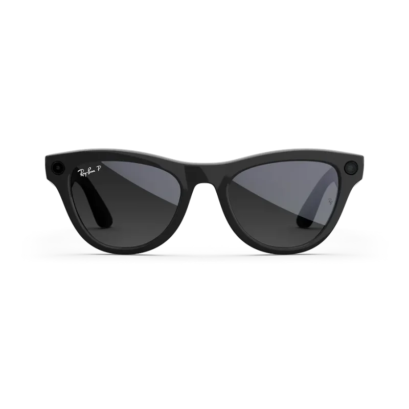 Front view of Rayban Meta glasses with Shiny Black frames with Polarised Gradient Graphite sun lenses.