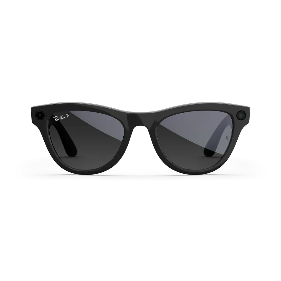 Front view of Rayban Meta glasses with Shiny Black frames with Polarised Gradient Graphite sun lenses.