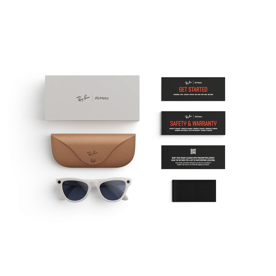 Items included with purchase of Rayban Meta glasses – Rayban Meta charging case, Rayban Meta AI glasses and getting started guide.