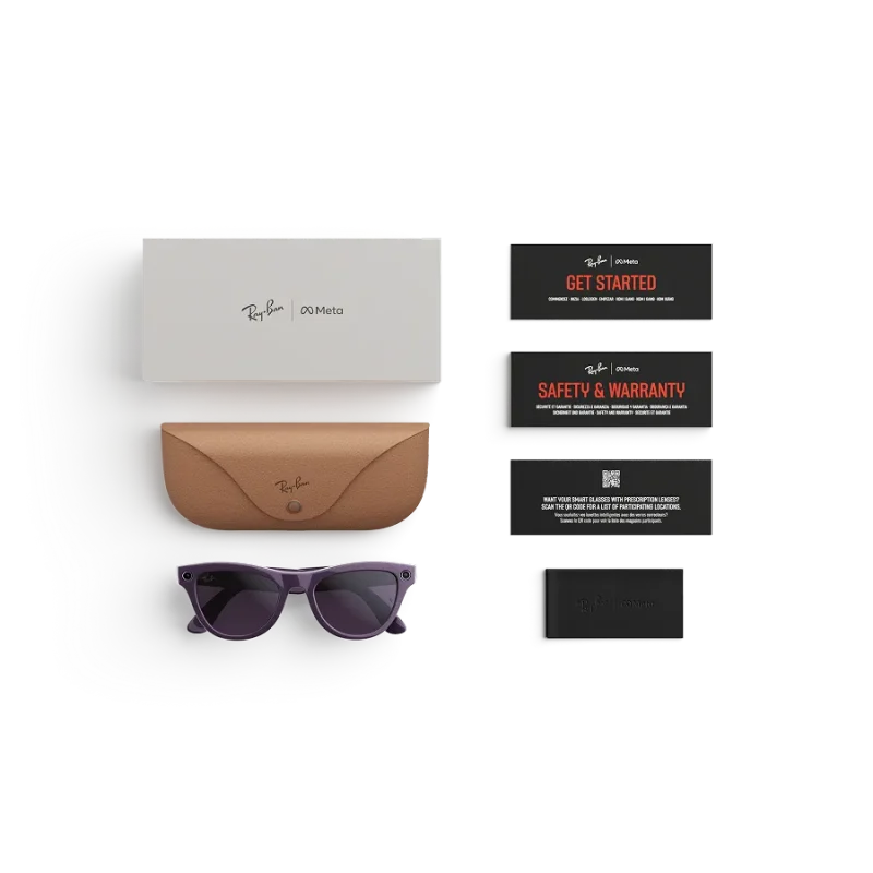 Items included with purchase of Rayban Meta glasses – Rayban Meta charging case, Rayban Meta AI glasses and getting started guide.