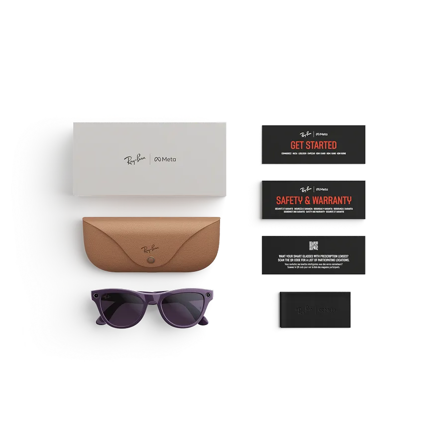 Items included with purchase of Rayban Meta glasses – Rayban Meta charging case, Rayban Meta AI glasses and getting started guide.