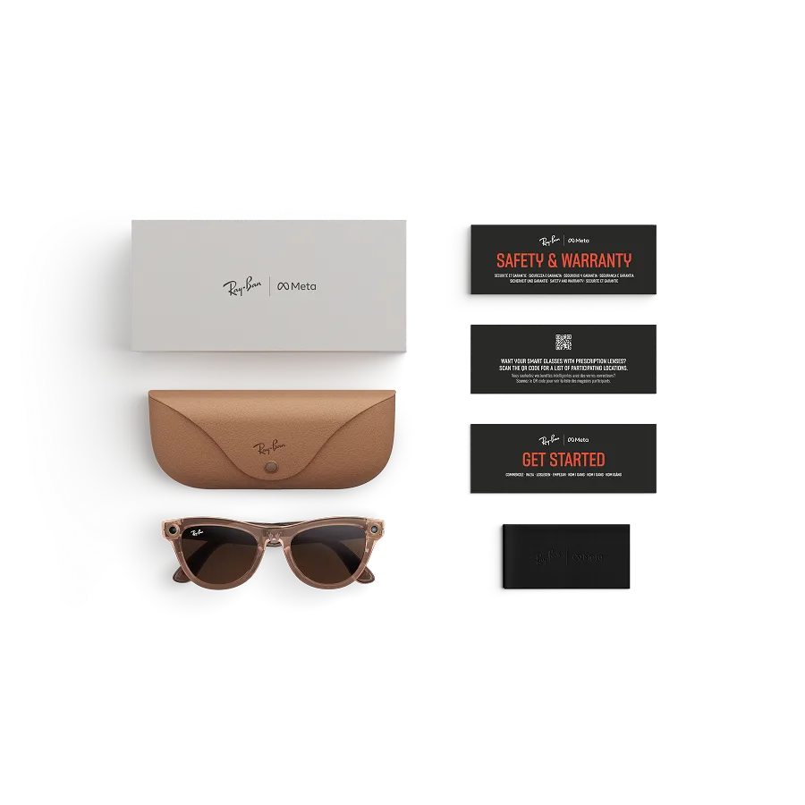 Items included with purchase of Rayban Meta glasses – Rayban Meta charging case, Rayban Meta AI glasses and getting started guide.