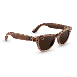 Right quarter view of Rayban Meta Skyler glasses with Shiny Transparent Peach frames with Brown Transitions® lenses.