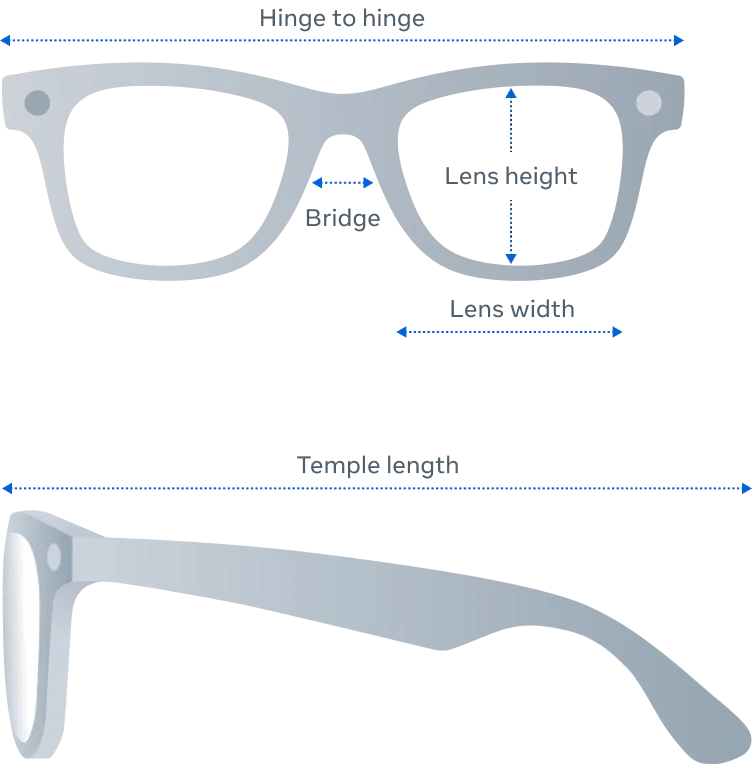 แผนภาพจุดวัดขนาดกรอบ Rayban Meta Wayfarer Gen 3 มุมหน้าและมุมข้าง