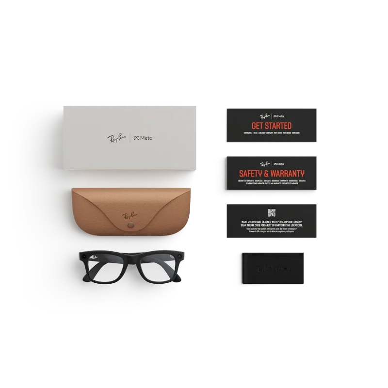 Items included with purchase of Rayban Meta glasses – Rayban Meta charging case, Rayban Meta AI glasses and getting started guide.