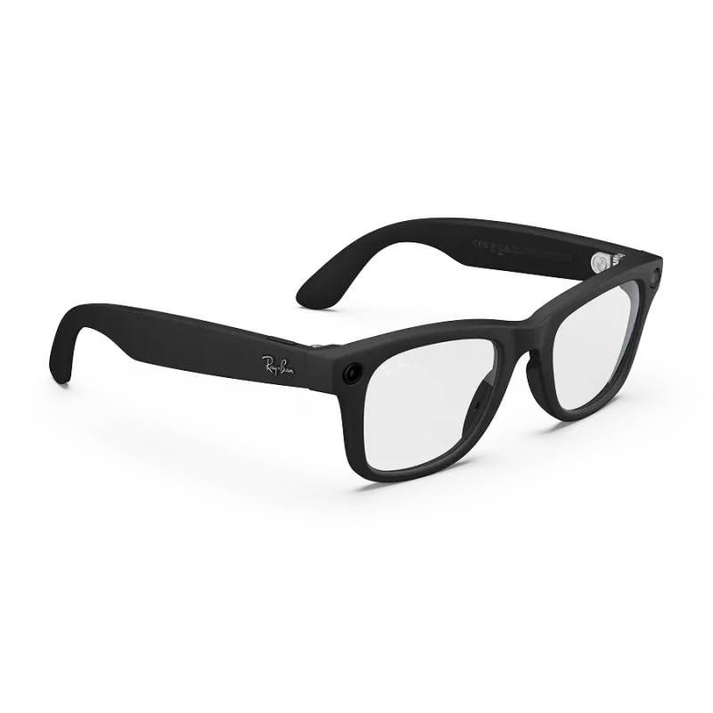 Right quarter view of Rayban Meta Wayfarer glasses with Matt Black frames with Clear lenses. Right quarter view of Rayban Meta Wayfarer glasses with Matt Black frames with Clear lenses.