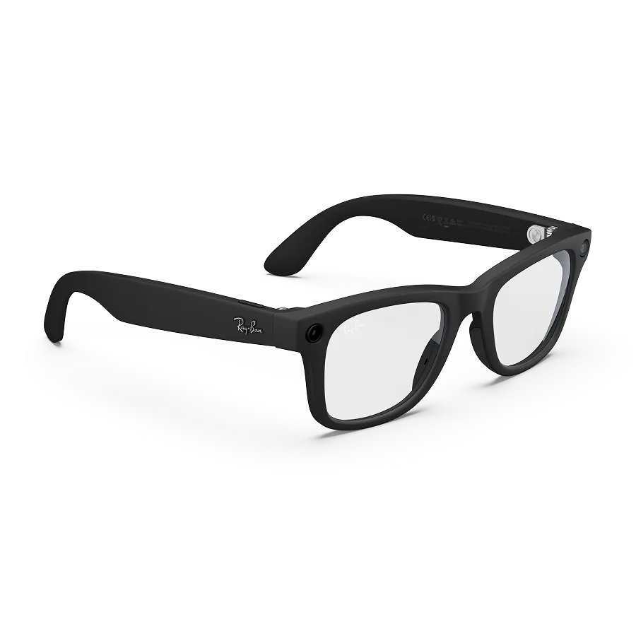 Right quarter view of Rayban Meta Wayfarer glasses with Matt Black frames with Clear lenses.