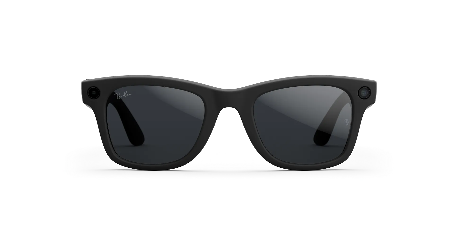 Front view of Rayban Meta Wayfarer glasses with Matt Black frames with Clear to Grey Transitions® lenses.