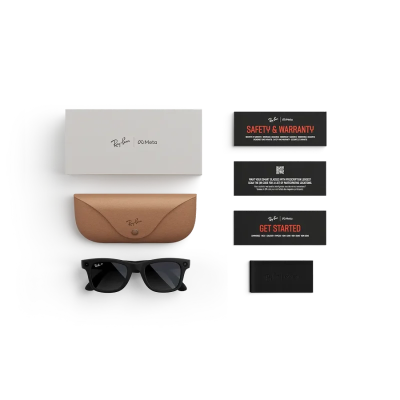 Items included with purchase of Rayban Meta glasses – Rayban Meta charging case, Rayban Meta AI glasses and getting started guide.