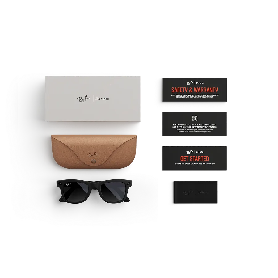 Items included with purchase of Rayban Meta glasses – Rayban Meta charging case, Rayban Meta AI glasses and getting started guide.