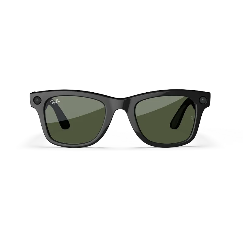 Front view of Rayban Meta Wayfarer glasses with Shiny Black frames with Green lenses.