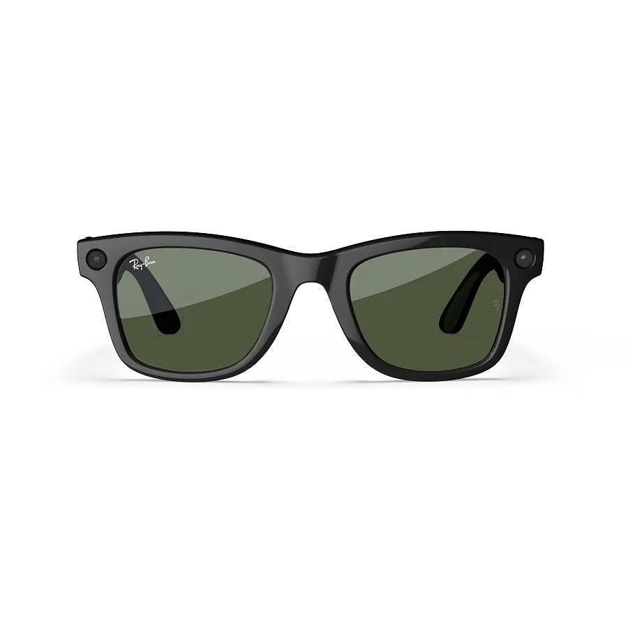 Front view of Rayban Meta Wayfarer glasses with Shiny Black frames with Green lenses.