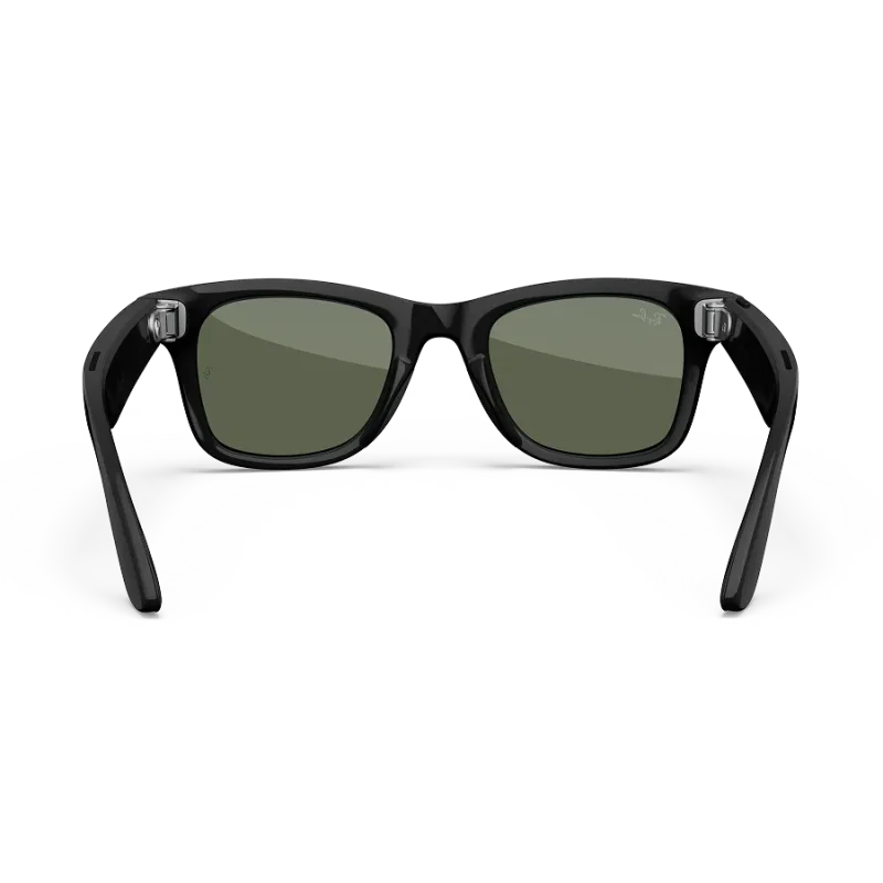 Rear view of Rayban Meta Wayfarer glasses with Shiny Black frames with Green lenses.