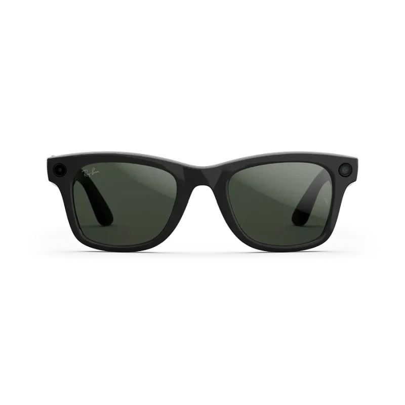 Front view of Rayban Meta Wayfarer glasses with Shiny Black frames with Green Transitions® lenses.