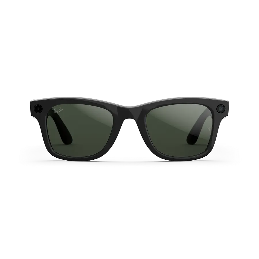 Front view of Rayban Meta Wayfarer glasses with Shiny Black frames with Green Transitions® lenses.