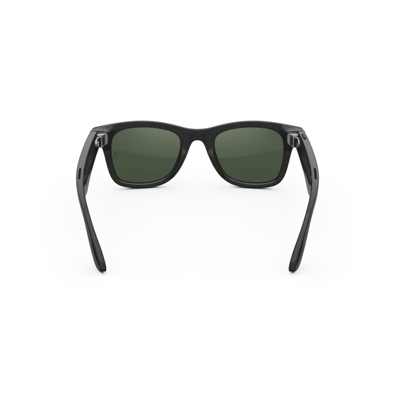 Rear view of Rayban Meta Wayfarer glasses with Shiny Black frames with Green Transitions® lenses.