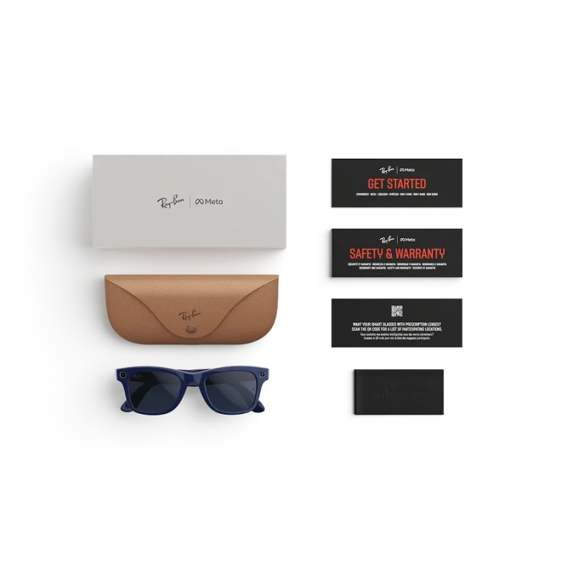 Items included with purchase of Rayban Meta glasses – Rayban Meta charging case, Rayban Meta AI glasses and getting started guide.