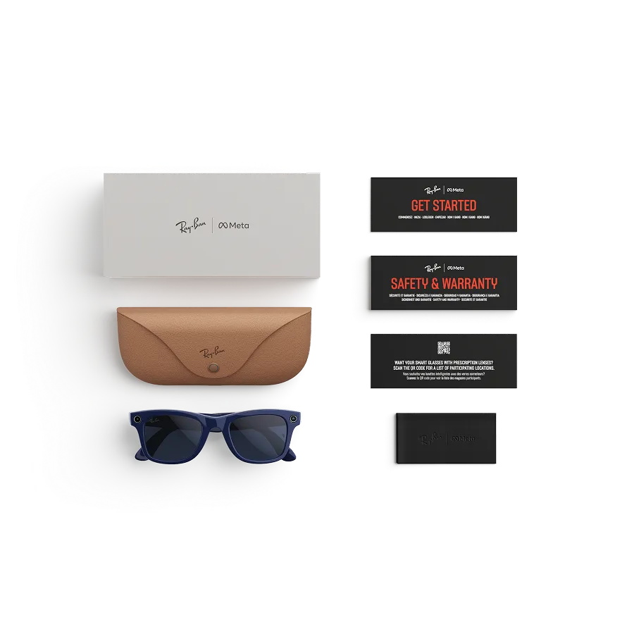Items included with purchase of Rayban Meta glasses – Rayban Meta charging case, Rayban Meta AI glasses and getting started guide.