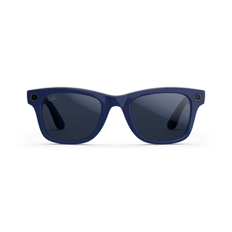 Front view of Rayban Meta Wayfarer glasses with Shiny Cosmic Blue frames with Clear to Sapphire Transitions® lenses.