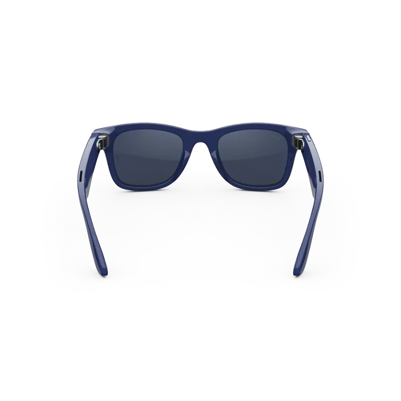 Rear view of Rayban Meta Wayfarer glasses with Shiny Cosmic Blue frames with Clear to Sapphire Transitions® lenses.