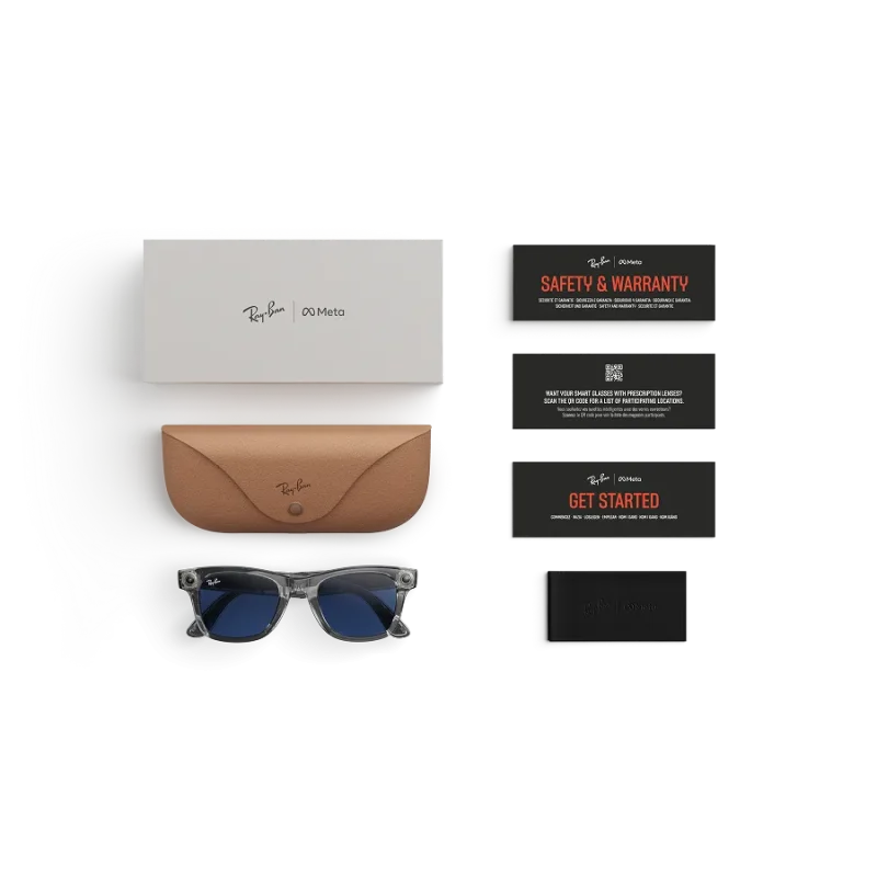 Items included with purchase of Rayban Meta glasses – Rayban Meta charging case, Rayban Meta AI glasses and getting started guide.