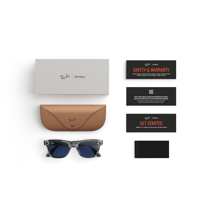 Items included with purchase of Rayban Meta glasses – Rayban Meta charging case, Rayban Meta AI glasses and getting started guide.