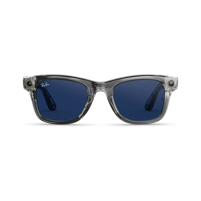 Front view of Rayban Meta Wayfarer glasses with Shiny Transparent Grey frame and Sapphire Transitions® lenses.