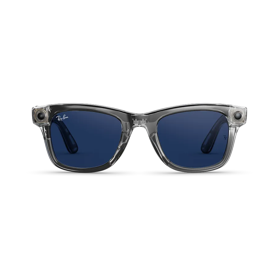 Front view of Rayban Meta Wayfarer glasses with Shiny Transparent Grey frame and Sapphire Transitions® lenses.