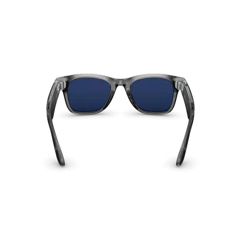 Rear view of Rayban Meta Wayfarer glasses with Shiny Transparent Grey frame and Sapphire Transitions® lenses.