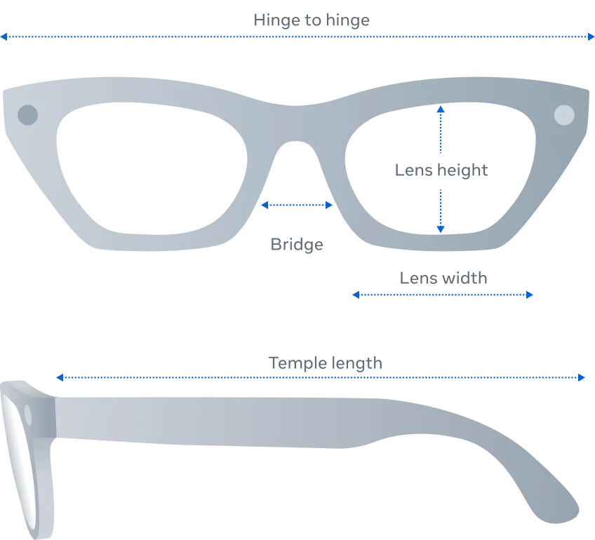 แผนภาพจุดวัดขนาดกรอบ Rayban Meta Zena Gen 3 มุมหน้าและมุมข้าง