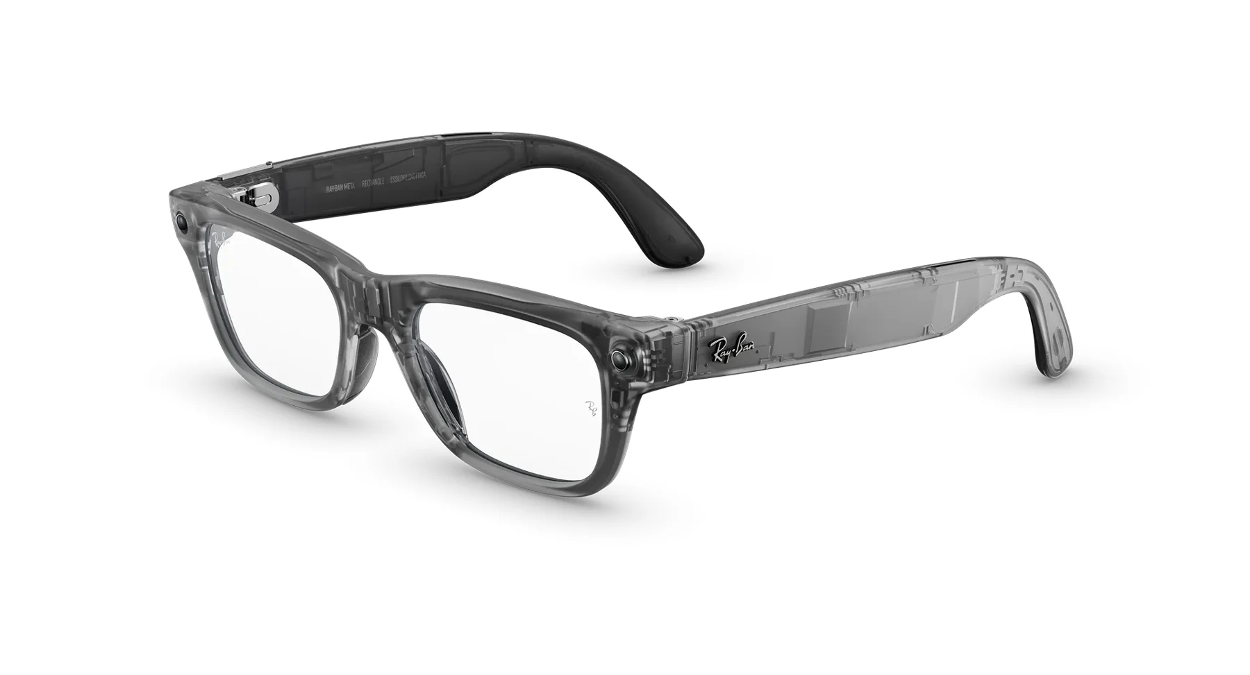 มุมซ้าย Rayban Blayzer Optics สี Matt Transparent Ice Grey เลนส์ Clear เห็นกล้องและโครงสร้างในขาแว่น